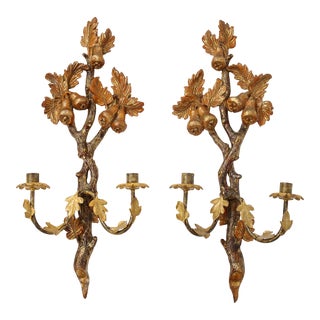 Pair of 19th Century Continental Hand Painted Ormolu Carved Wood Candle Sconces For Sale