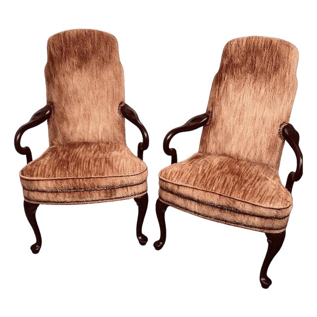 Pair of Custom Upholstered Queen Anne Style Lounge Chairs in Cinnamon Cut Velvet For Sale
