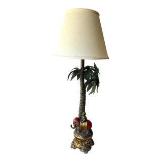 1990s Toile Elephant and Boy Tropical Palm Tree Table Lamp For Sale