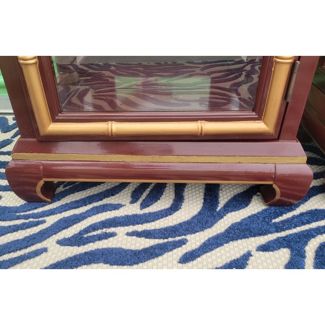 Wood Vintage Dark Red Gold Faux Bamboo Ming Leg Jasper Style Palm Beach Regency Lighted Glass Shelving Etagere Cabinets- A Pair For Sale - Image 7 of 8