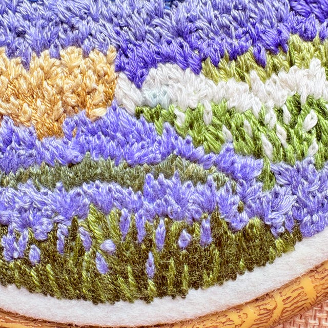 Golden Hour Peaks & Lavender Field - Hand-Embroidered Wall Art For Sale In Los Angeles - Image 6 of 14