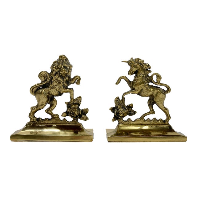 Vintage Victorian Brass English Rose, Lion and Unicorn Bookends For Sale