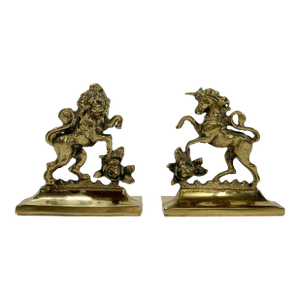 Vintage Victorian Brass English Rose, Lion and Unicorn Bookends