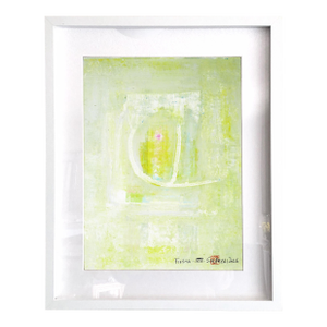 Fiesta. XIV WHite Framed Surreal Shades of Yellow, Blue and Green Painting
