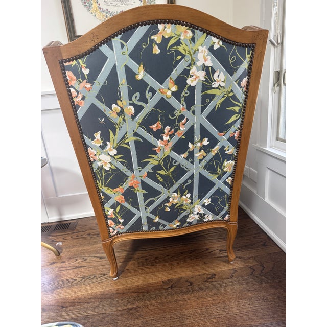French Provincial Baker Furniture French Provincial Wingback Bergère & Ottoman in Floral Trellis Print For Sale - Image 3 of 12