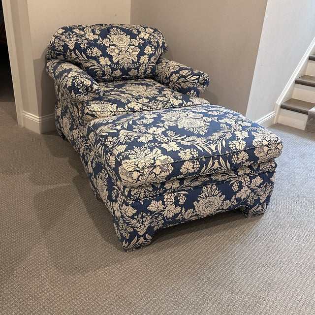 Blue and White Club Chair With Ottoman For Sale - Image 11 of 12