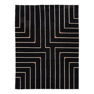 Modern Geometric Kilim Wool Rug With Architectural Line Art & Crimson Accents For Sale