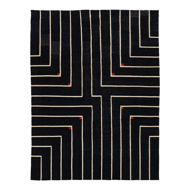Modern Geometric Kilim Wool Rug With Architectural Line Art & Crimson Accents For Sale