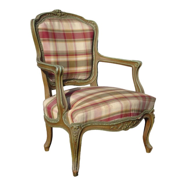 Vintage French Country Ethan Allen Style Low Profile Plaid Accent Chair