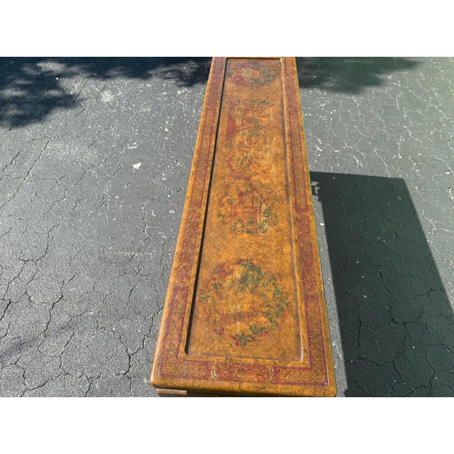 John Widdivomb console table; tortoise shell finish and chinoiserie flair. Pagoda motif; hand-painted details, etched...
