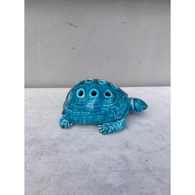 Art Nouveau Aqua Turquoise Majolica Turtle Vase Clement Massier, Circa 1890 For Sale - Image 3 of 7