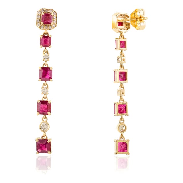 Natural Ruby Diamond Statement Earrings in 14k Yellow Gold - A Pair For Sale