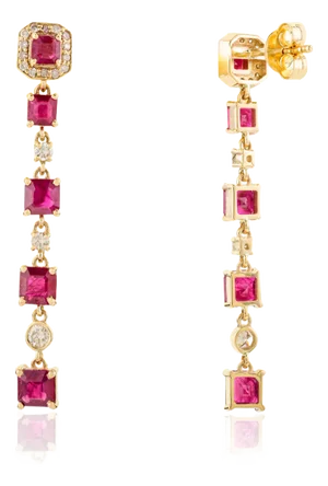 Natural Ruby Diamond Statement Earrings in 14k Yellow Gold - A Pair