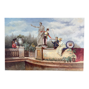 Late 20th Century Classical Victorian Painting of Figures by a Fountain