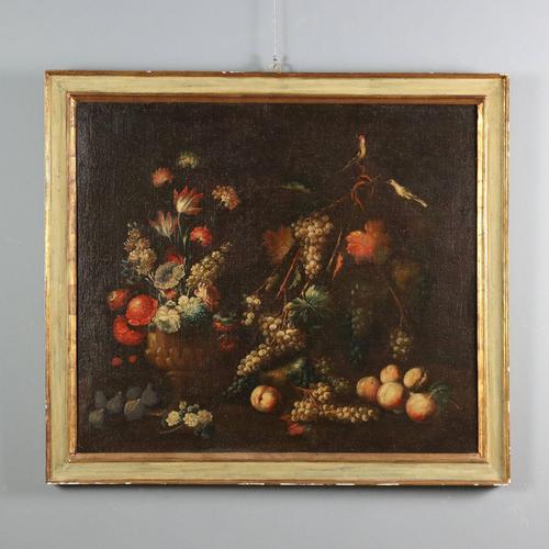 Lombard School Artist, Still Life with Flowers, Fruit and Birds, 1700s, Oil on Canvas For Sale - Image 12 of 12
