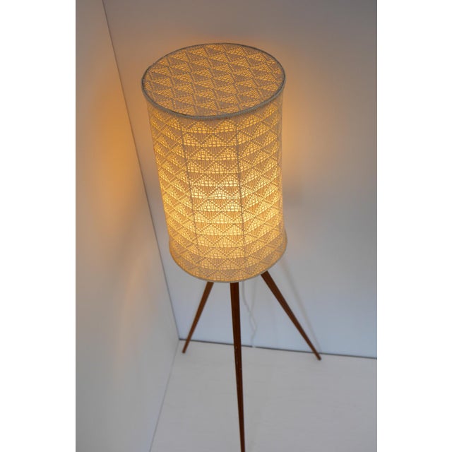 Large Scandinavian Teak Tripod Floor Lamp with Drawn Thread Embroidery Shade For Sale - Image 9 of 13