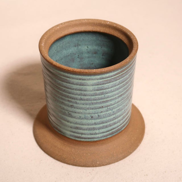 Mid Century Modern Handmade Studio Pottery Turquoise Glaze Pin Cushion Ceramic Sewing Vessel For Sale - Image 9 of 13