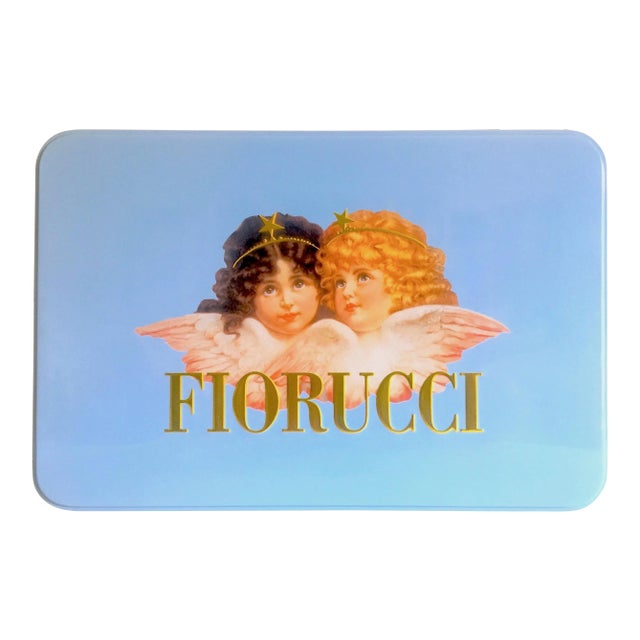Vintage 1980s Fiorucci New Wave Italian Fashion Cherub Angels Post Modern Blue Tin Metal Box For Sale