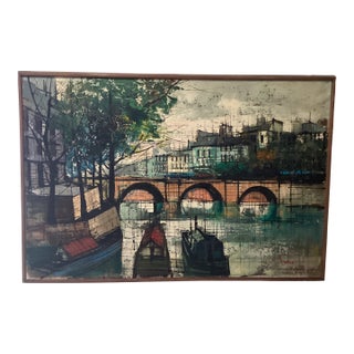Mid 20th Century Abstract Modernist Painting Parisian Scene Cityscape & Bridge & Boats by Enzo Linca Circa 1950s, Framed For Sale