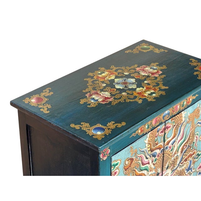 Aqua Tibetan Oriental Teal Blue Aqua Dragon Head Graphic End Table Nightstand For Sale - Image 8 of 12