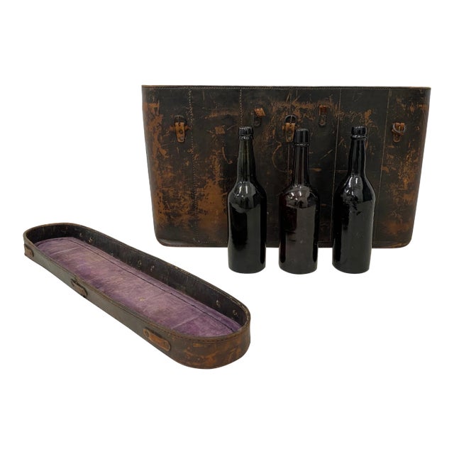 19th Century Stitched Leather Wine Bottle Storage Case With Three Old Bottles For Sale
