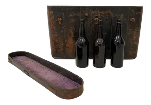 19th Century Stitched Leather Wine Bottle Storage Case With Three Old Bottles