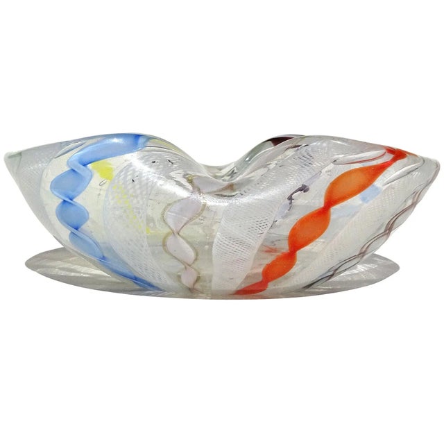 Abstract Vintage Murano Rainbow Colors Twisting Zanfirico Latticino Ribbons Italian Art Glass Decorative Bowl Trinket Dish For Sale - Image 3 of 8