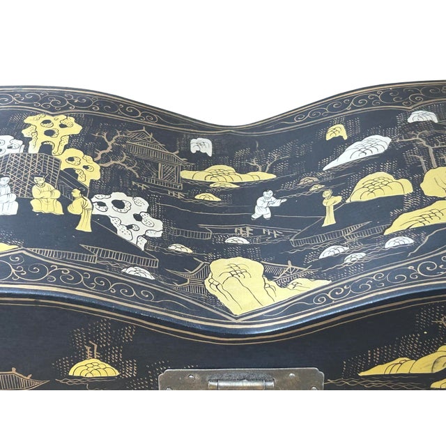 Black Lacquer Chinoiserie-Style Gold Silver Scenery Graphic Rectangular Box For Sale - Image 11 of 15