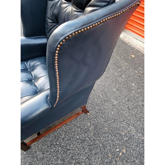 Metal Vintage Blue Tufted Leather Wing Chair and Ottoman by Classic Leather For Sale - Image 7 of 10