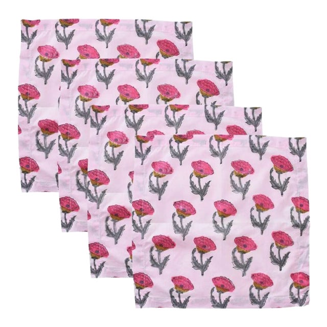 4 Pink and Green Floral Block Print Table Napkins - India Set of Four For Sale