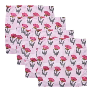 4 Pink and Green Floral Block Print Table Napkins - India Set of Four