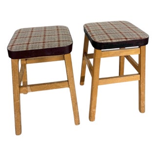 Mid-Century Stools in Oak with Tweed Upholstered Seats, Set of 2 For Sale