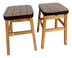 Mid-Century Stools in Oak with Tweed Upholstered Seats, Set of 2