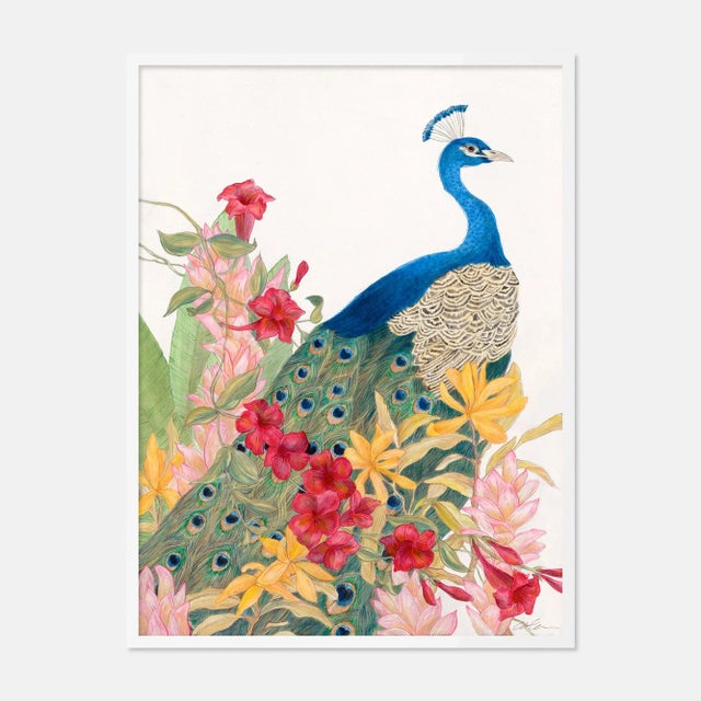 Contemporary Peacock Paradise by Allison Cosmos in White Framed Paper, Medium Art Print For Sale - Image 3 of 3