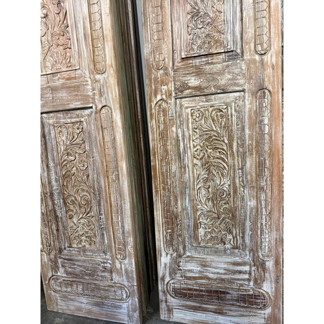 1920s Antique Hand-Carved Wooden Door Panel | Distressed Whitewash Floral Barn Door, Vintage Door 96x27 For Sale - Image 5 of 8