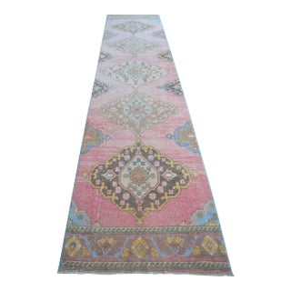 1960s Traditional Turkish Runner Hand Knotted Distressed Low Pile Pink Hallway Rug Kitchen Decor For Sale