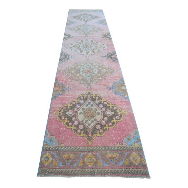 1960s Traditional Turkish Runner Hand Knotted Distressed Low Pile Pink Hallway Rug Kitchen Decor For Sale