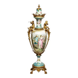 Mid 19th Century Palatial French Ormolu-Mounted Sevres Porcelain Hand-Painted Vase and Cover For Sale