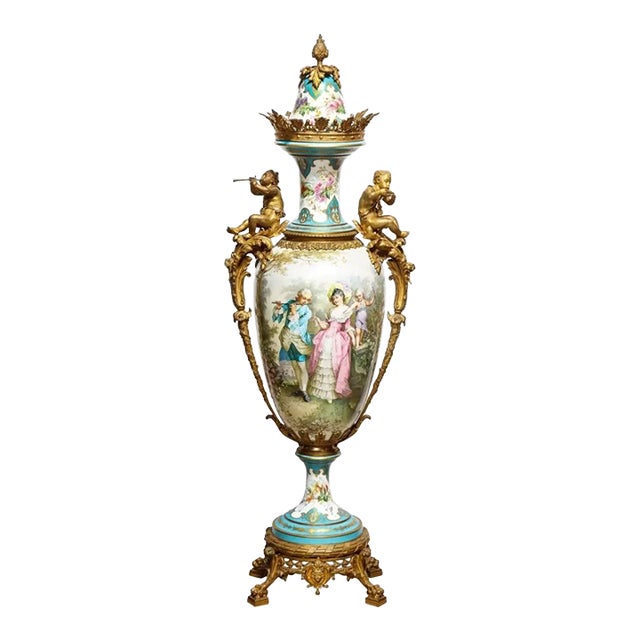 Mid 19th Century Palatial French Ormolu-Mounted Sevres Porcelain Hand-Painted Vase and Cover For Sale