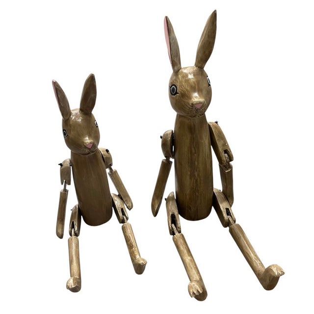 Folk Art Whimsical Hand-Carved & Articulated Wooden Rabbit Pair For Sale - Image 3 of 10