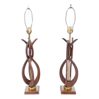 Pair of Mid Century Modern Sculptural Flame Motive Oiled Walnut Table Lamps MINT For Sale
