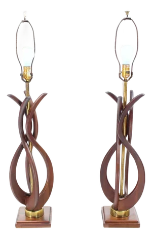 Pair of Mid Century Modern Sculptural Flame Motive Oiled Walnut Table Lamps MINT