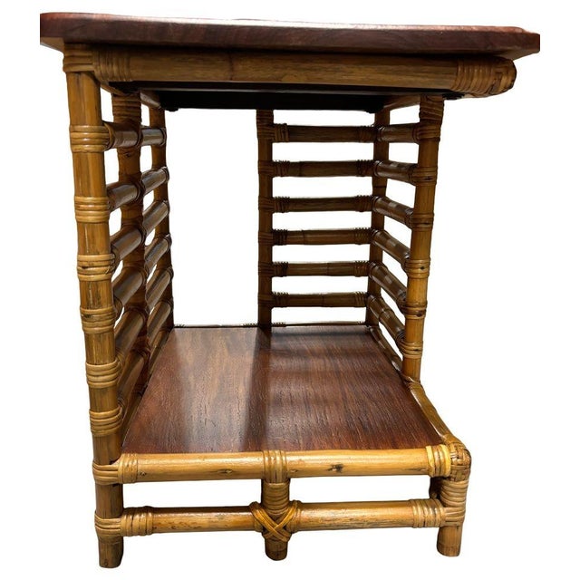 1950s Restored Rattan "Jacob's Ladder" Storage Side Table With Mahogany Top For Sale In Los Angeles - Image 6 of 11
