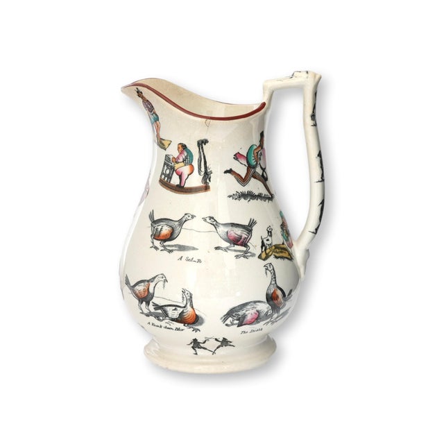 Rare 19th century English Staffordshire puzzle jug decorated in hand colored black transferware featuring Joe Cashmore,...