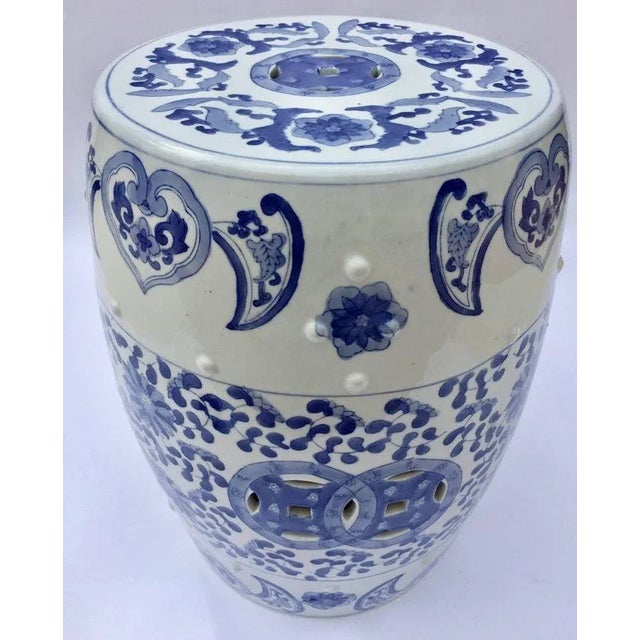 Ceramic Asian Garden Seat in Blue and White Floral Motifs For Sale - Image 12 of 12