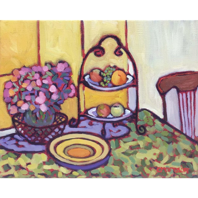 Garden Table - Vibrant Oil Painting With Flowers and Fruit For Sale