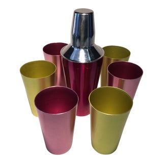 Vintage Anodized Aluminum Shaker & Matching Glasses - Set of 7 For Sale