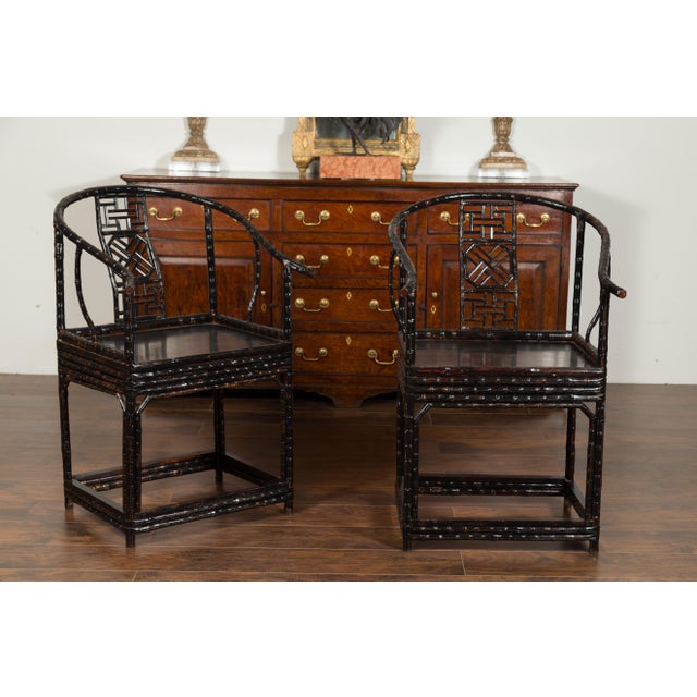 Chinese Pair of Chinese Ming Dynasty Style 1920s Horseshoe Back Bamboo Armchairs For Sale - Image 3 of 9