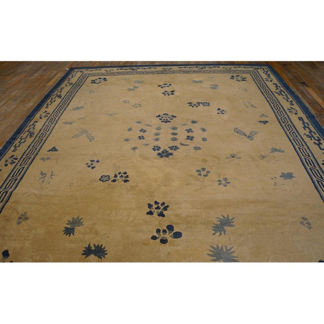 1900s Beige Foliate Greek Key Deco Antique Chinese Peking Wool Rug 8'4" X 10'2" For Sale - Image 4 of 9