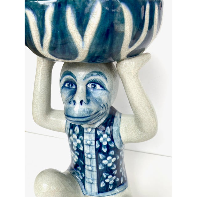 Ceramic Vintage Blue and White Chinoiserie Monkey Holding Bowl For Sale - Image 7 of 9